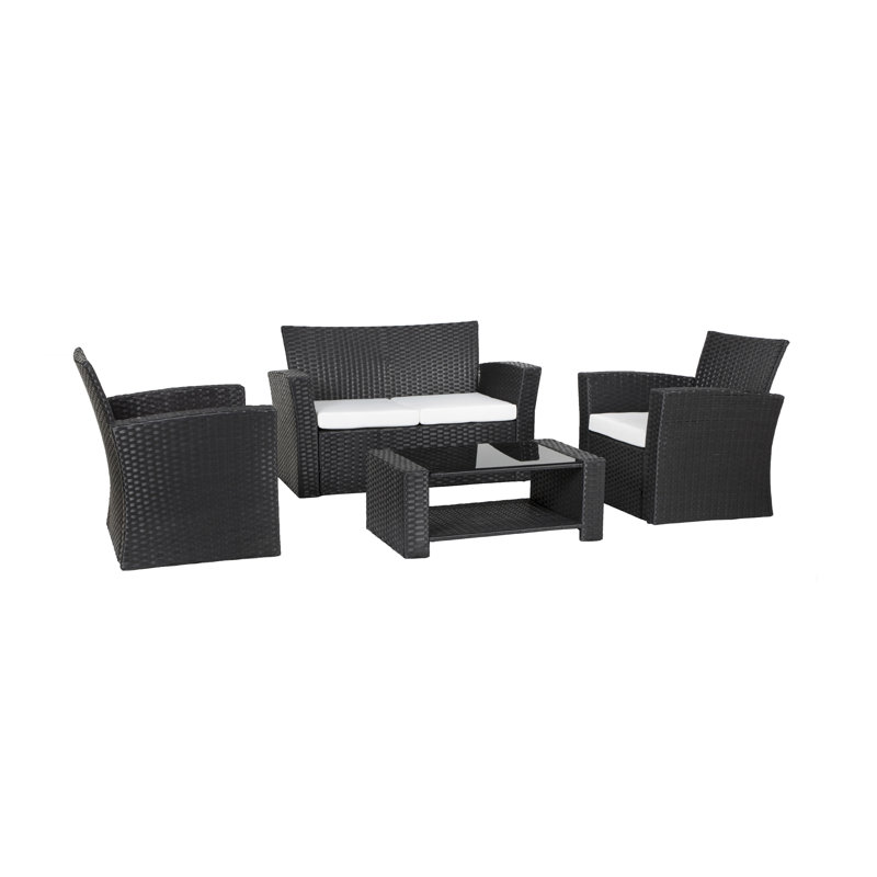 Tisdale 4-Piece UV Resistant Outdoor Conversation Set with Cushions, White Performance, Black