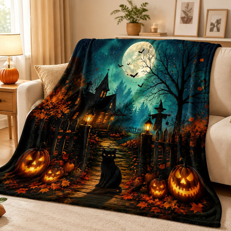 Plaid thématique Halloween, motif de château, chat, citrouille et épouvantail, couverture douce et moelleuse pour canapé, lit et décoration intérieure