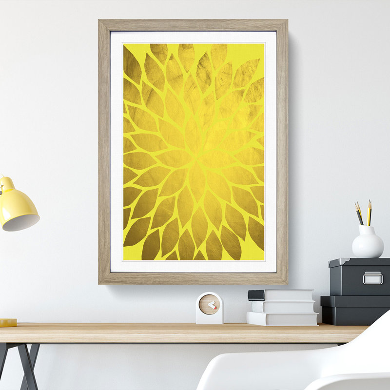 Abstract Leaves No.2 Gold - Picture Frame Graphic Art, Oak, 90cm H x 65cm W x 2cm D