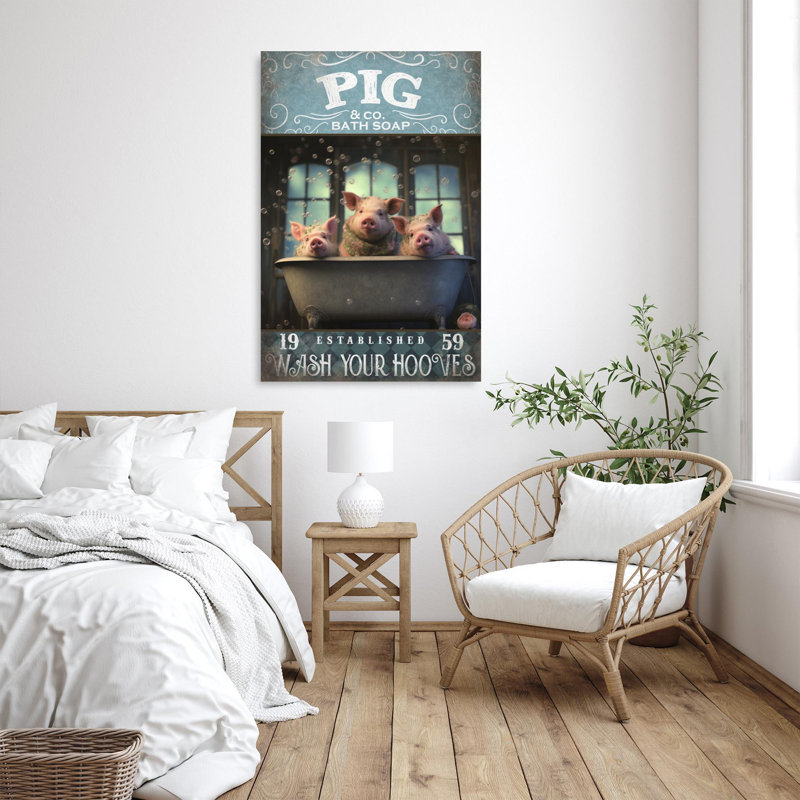 Cochon bain de savon - 1 pièce, reproduction d'art graphique sur toile tendue, H 36 po x l 24 po x P 1,25 po