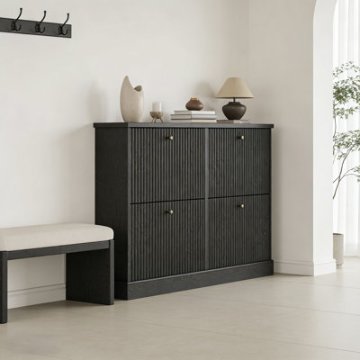 4-Drawer Flip-Down Shoe Cabinet – Hidden Louvered Wood Storage With Adjustable Shelves