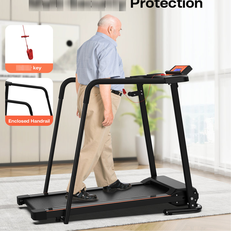 Tapis roulant portable pliable de 300 lb pour les personnes âgées, mains courantes allongées, moteur de 2,5 ch, système d'absorption des chocs doubles, contrôle, tapis roulant en acier noir et orange, capacité des mains courantes, maison