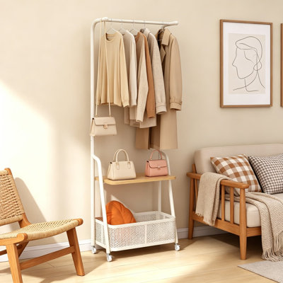 Freestanding Coat Rack with Wheels, Rolling Garment Rack with 3-Tier Storage and Basket, Heavy Duty Clothes Stand for Coats, Hats, Bags, and Accessories, Mobile Organizer for Entryway, Bedroom, Hallway, 66.9 Inches Tall