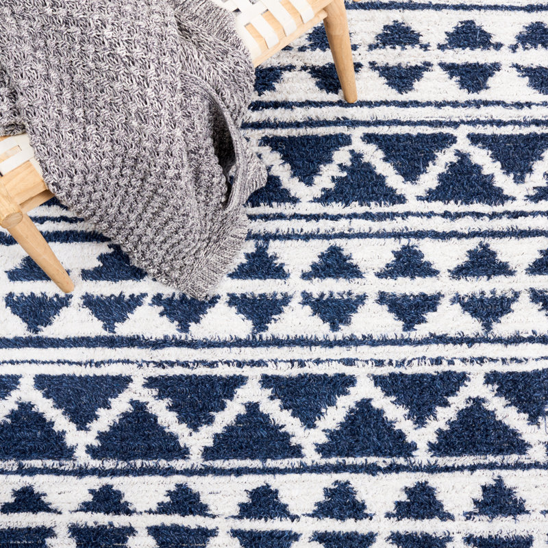 Navy and Ivory Geometric Flat Woven Square Rug