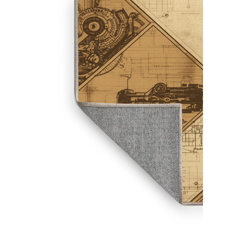 Tapis traditionnel lavable à la machine de style industriel rétro à dessin à la machine en brun - beige, 3 x 5
