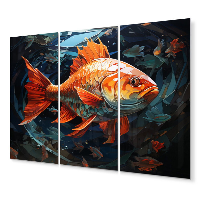 Geometric Orange Fish II Animals Wall Decor on Metal