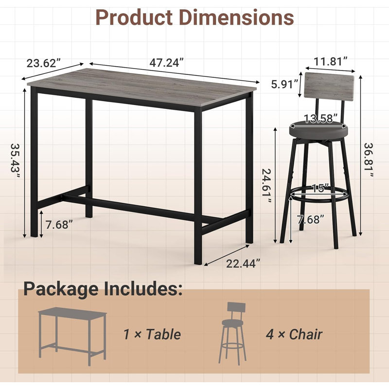 5 Piece Bar Table Set with 4 Bar Stools PU Soft Seat and Sturdy Metal Frame, Grey, Gray/Black
