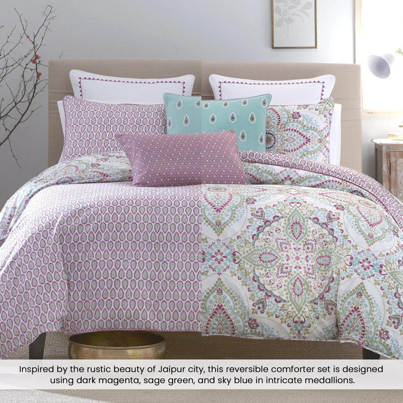 Traditional Utility Percale Weave Reversible Comforter Set - Jaipur, King Comforter + 2 King Shams