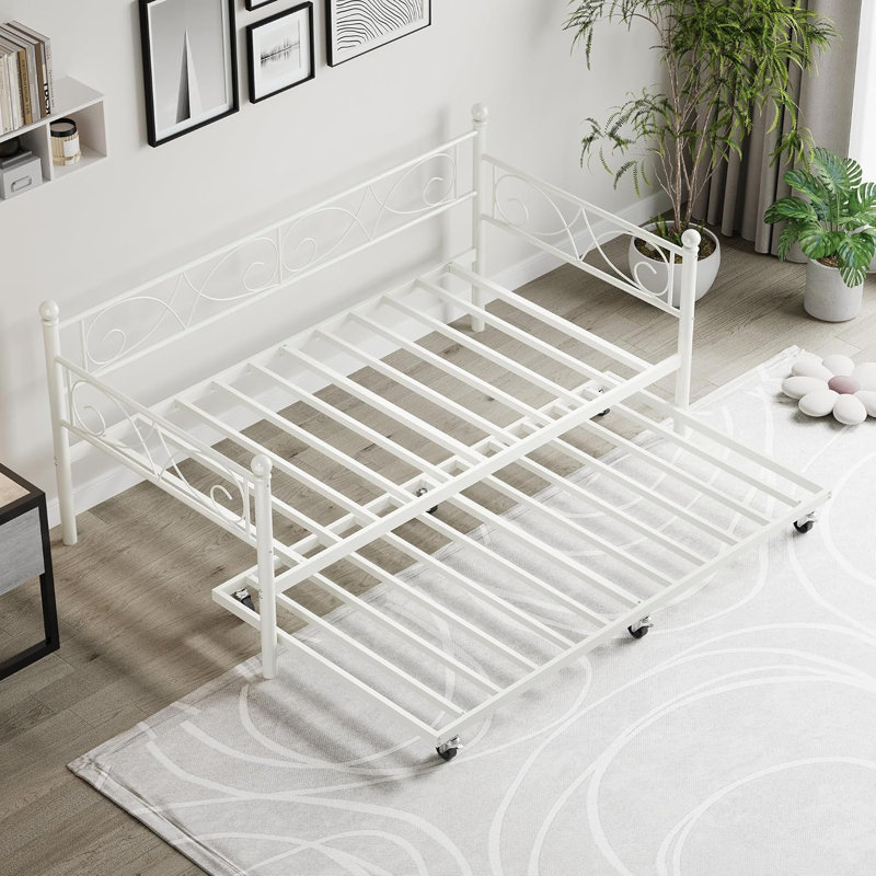 Twin Daybed with Trundle, Metal Trundle Bed, Sofa Bed Frame, Heavy Duty Metal Slats, for Living Room, Bedroom, Guest Room, Space Saving