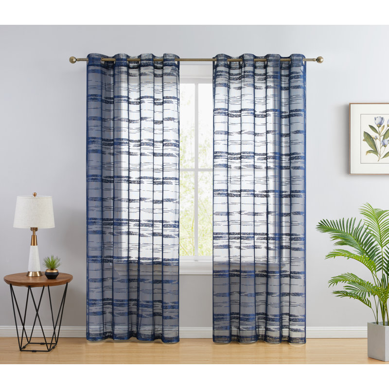 Broadway Striped Sheer Grommet Curtain Panel, 54" W x 54" L, Navy Blue