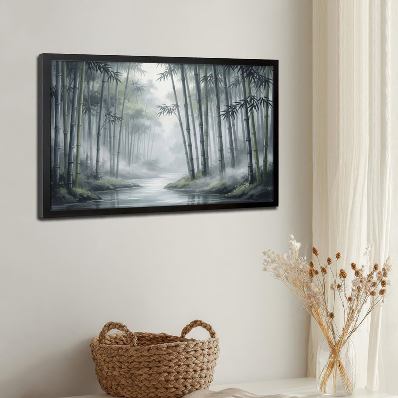 Toile noire encadrée en bois noir pour salon, chambre à coucher, bureau ou vestibule - décoration murale décorative avec forêt de bambous