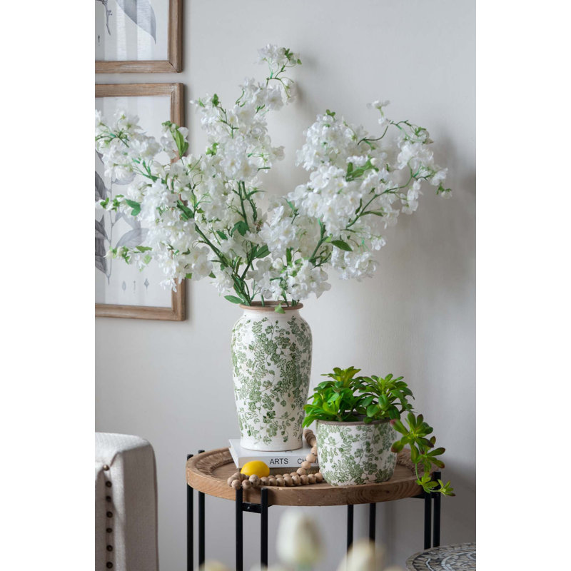 White Ceramic Flower Vase With Green Floral Pattern, 11.6" H x 6.5" W x 6.5" D