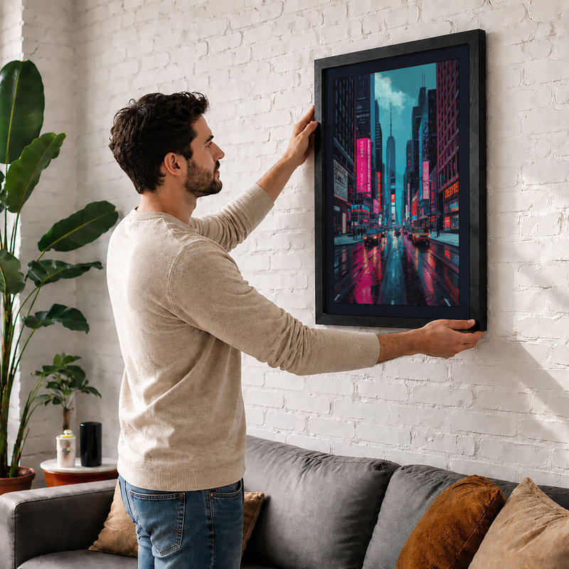 Neon City Rain Modern - Framed Print, Black, A3 - 42.0 x 29.7 cm
