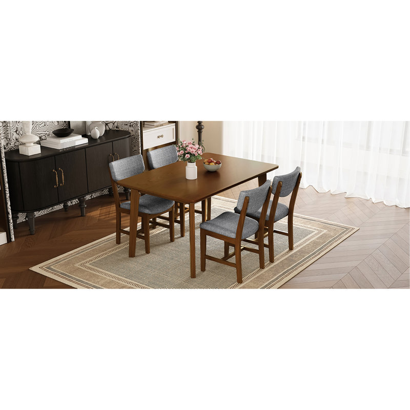 5 tables de salle à manger rustiques comprenant 1 table rectangulaire en bois massif et 4 chaises rembourrées, idéales pour les repas en famille, noyer: petites réunions de style, finition