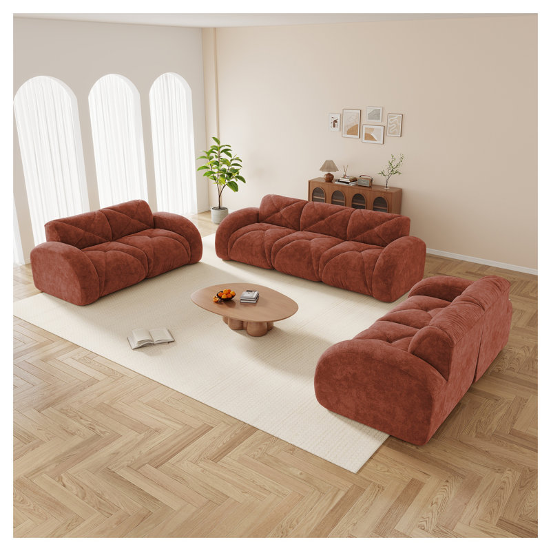 Ensemble de canapé modulaire surdimensionné 3 pièces rouge brun, canapé en velours confortable avec 2 causeuses + 3 places pour le salon, aucun assemblage requis