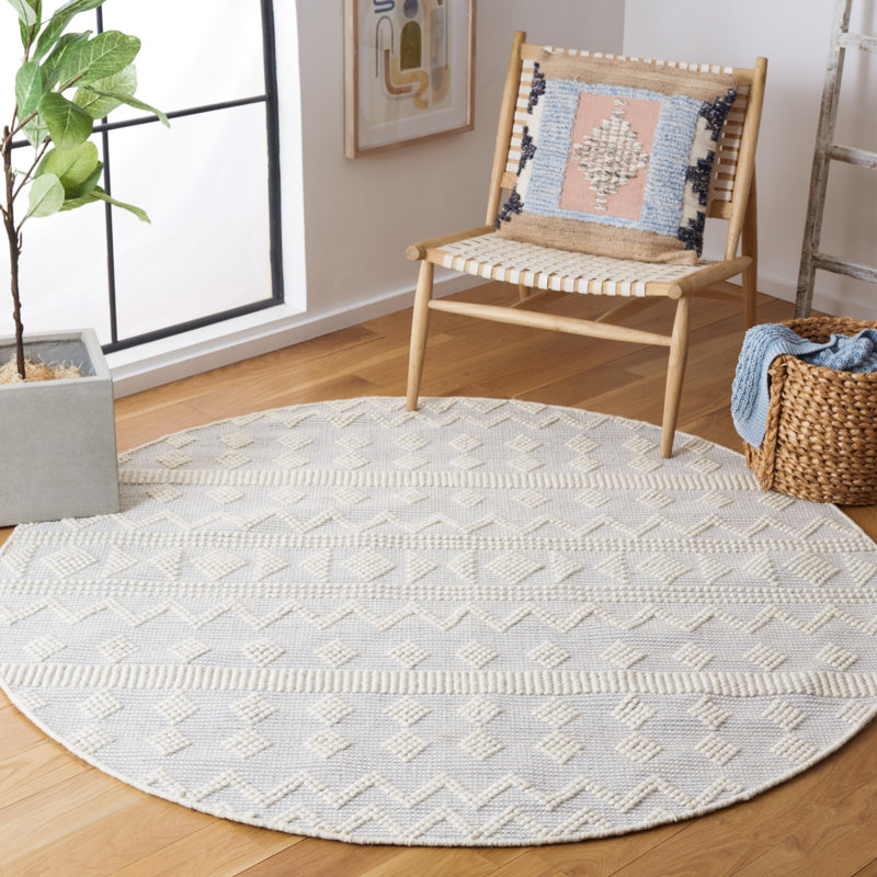 Tapis en laine / coton tissé à la main Sucher en ivoire / bleu clair, Rond 6 pi