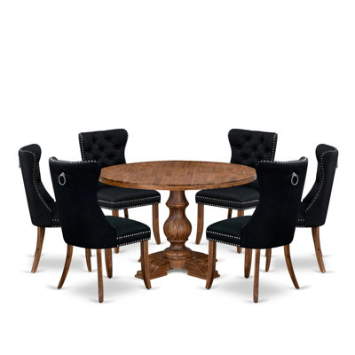 7-Pc Dinner Table Set Include a Dining Table and 6 Beige Red Polyester fabric Upholstered Chairs with Button-Tufted Back, Antique Walnut