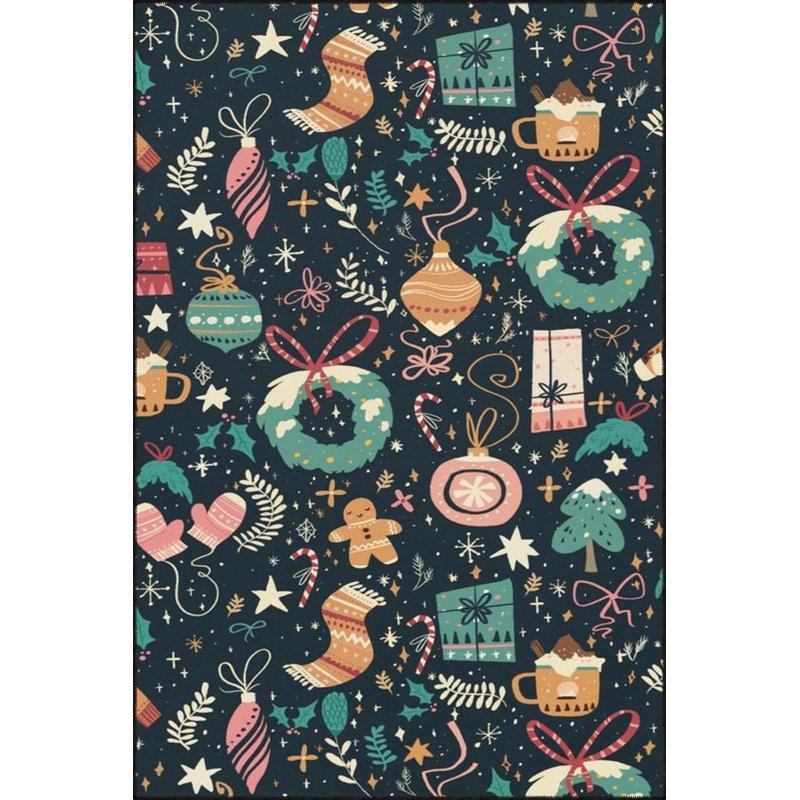 Tapis tissé à motif d'ornement de Noël Botanical Black, Carré 4 pi 11 po
