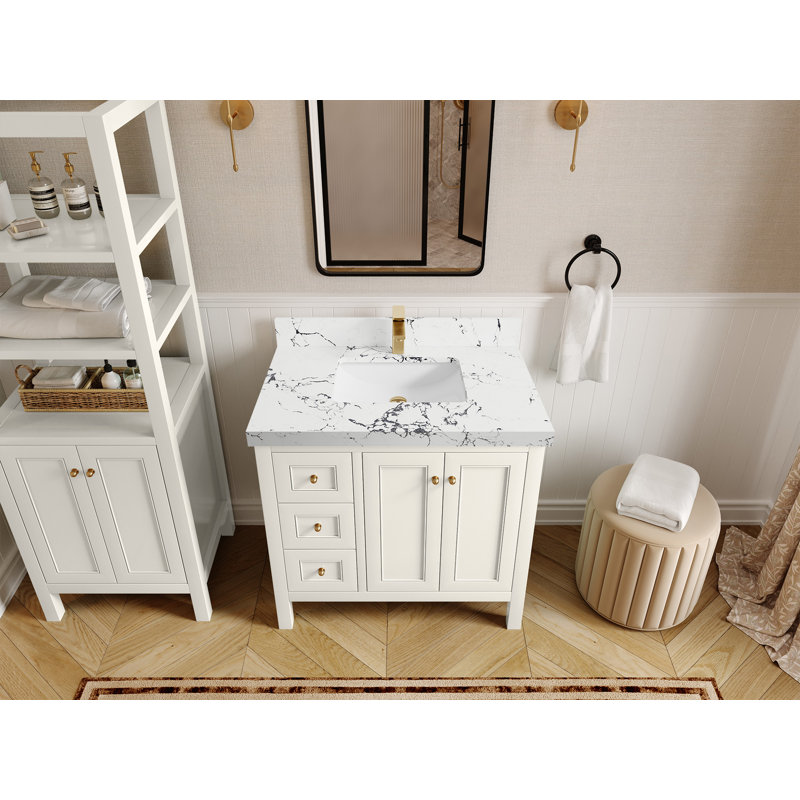Nashville X P 22 po Meuble-lavabo central en albâtre, Albâtre / or brossé, Viola quartz nuit