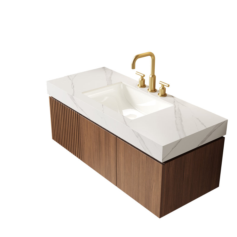 Dessus de meuble-lavabo en pierre frittée 48 po avec lavabo encastré en céramique Muri, Blanc de Carrare
