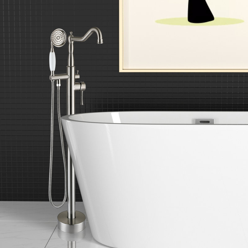 Brushed Nickel Bathtub Faucet With Hand Shower - Metal, 6.59 In. Width Stylish Metal Freestanding Corrosion , 12.99 Lb Bathroom Elegance