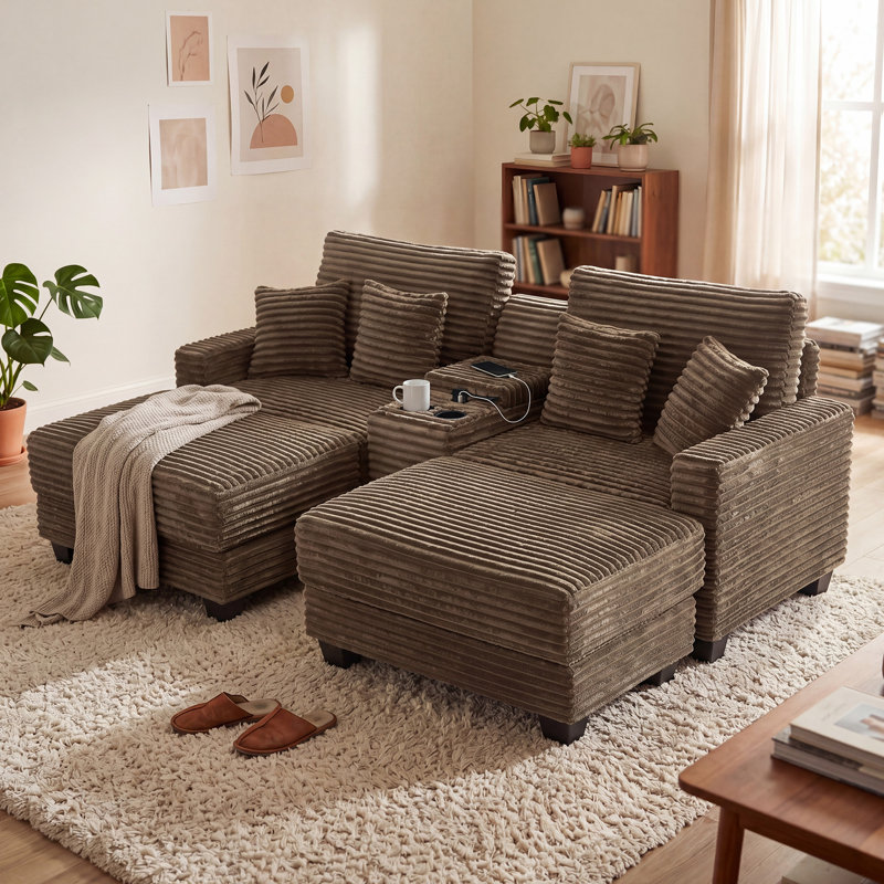 Canapé rembourré en velours côtelé double avec console, ports USB et 2 porte-gobelets, Marron clair