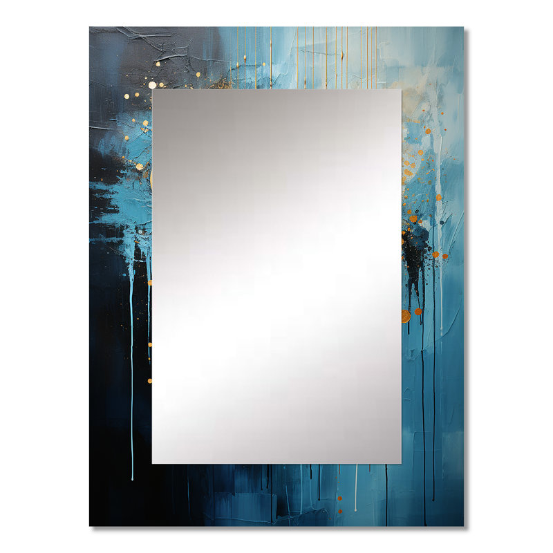 Moon Blue And Gold Cerulean Cycle Dreams II - Blue Modern Wall Mirror, 32" x 24"