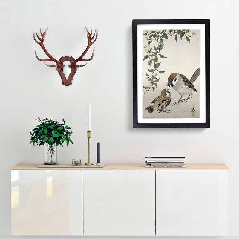 Sparrow Birds and Plants by Ohara Koson - Picture Frame Painting Print, Black Framed, 48cm H x 36cm W x 2cm D