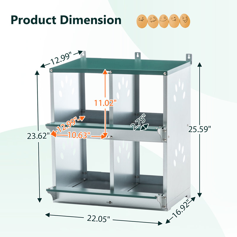 4 boîtes de nidification en métal à 4 compartiments, couleur, 26,09 pouces de hauteur, facile à nettoyer et à entretenir en acier galvanisé de teinte, 17,18 de large et confortable abri pour poulailler