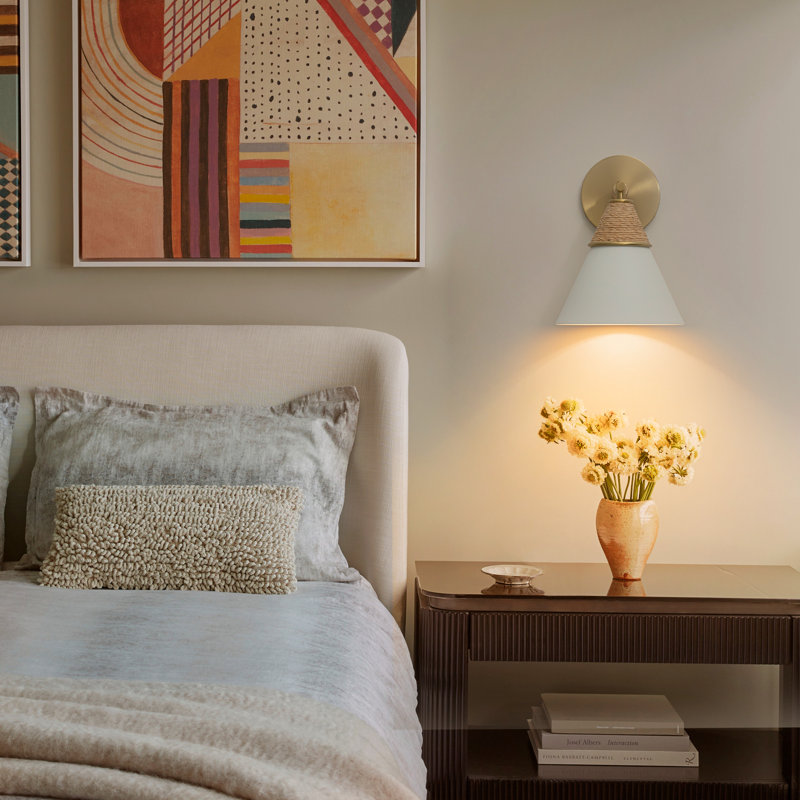 Applique murale moderne côtière, corde décorative tissée à la main avec abat-jour conique en métal, finition dorée, 1 lumière E26, H 10,75 po