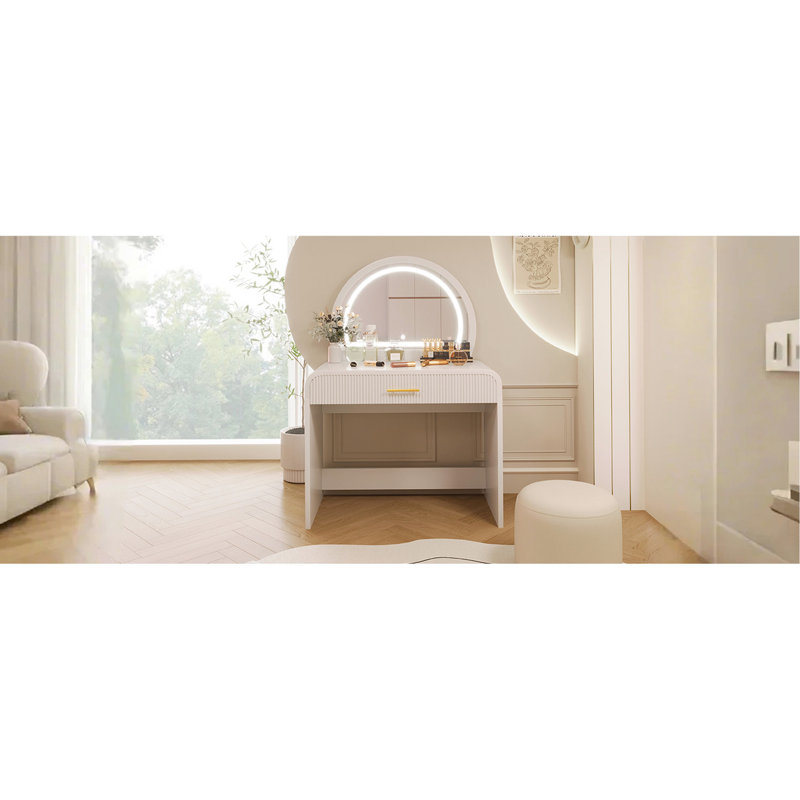 Bedroom 39" Makeup Vanity With Lighted Mirror & Drawer, White. Curved Corners . Sufficient Storage For Beauty Essentials. And Comfortable. Easy To Assemble