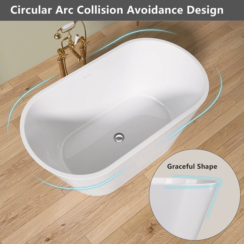 55" Freestanding Soaking Acrylic Bathtub Contemporary Stand Alone Tub with Pop-Up Drain, Glossy White