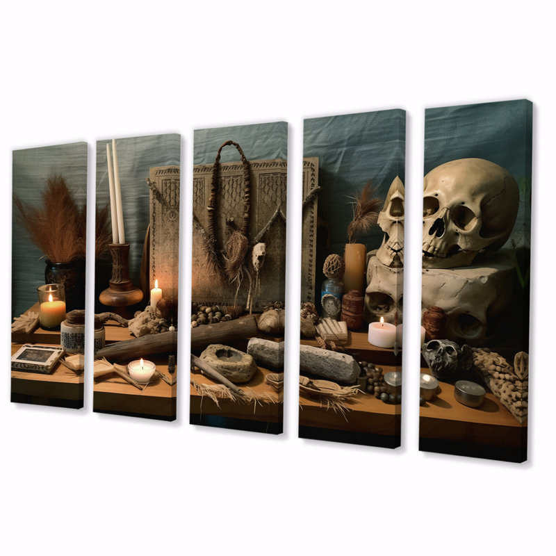 Autel avec objets sacrés I - Christianisme, reproduction d'art sur toile - 5 panneaux égaux