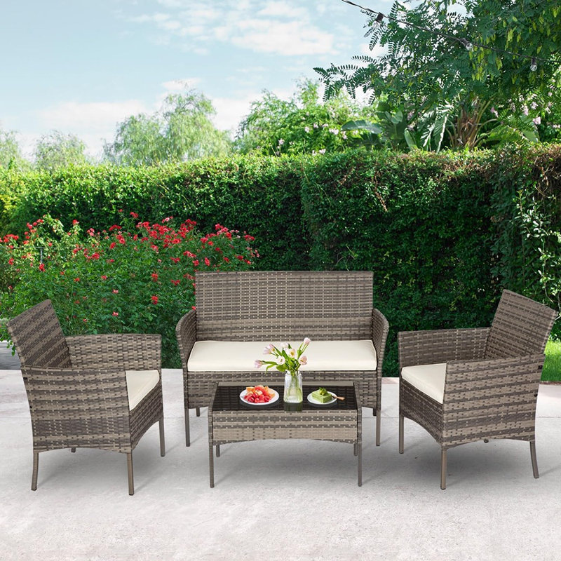 Patio Conversation Set 4 Pieces Patio Furniture Set Wicker With Rattan Chair Loveseats Coffee Table For Outdoor Indoor Garden Backyard Porch Poolside Balcony,Gray Wicker/Khaki Cushions