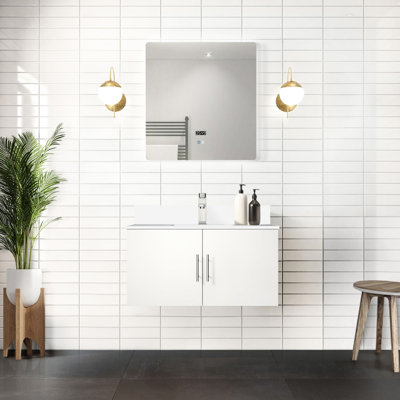 Meuble-lavabo blanc lustré 36 po L x P 22 po avec comptoir en marbre, robinet, miroir à DEL et robinet de culture à taches de friction, surface de teinture Scratch incluse