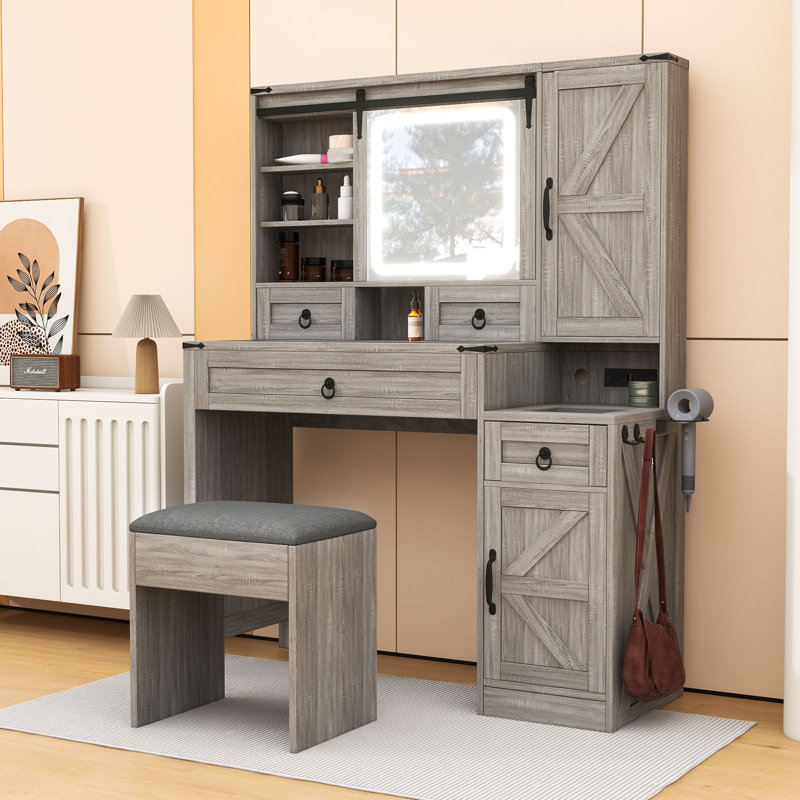 Makeup Vanity with Sliding LED Mirror, Charging Station, Glass-Top Display, Dual Cabinets and Stool, Gray
