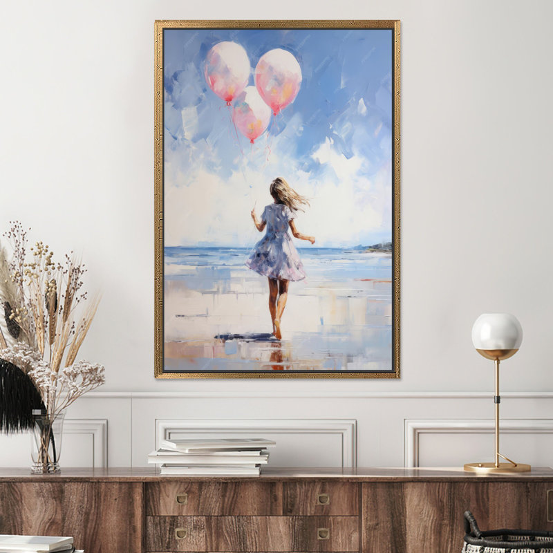 Reproduction d'art sur toile imprimée: motif de plage bleue avec ballons, toiles à cadre doré 1P, 31,6 po H x 23,7 po l