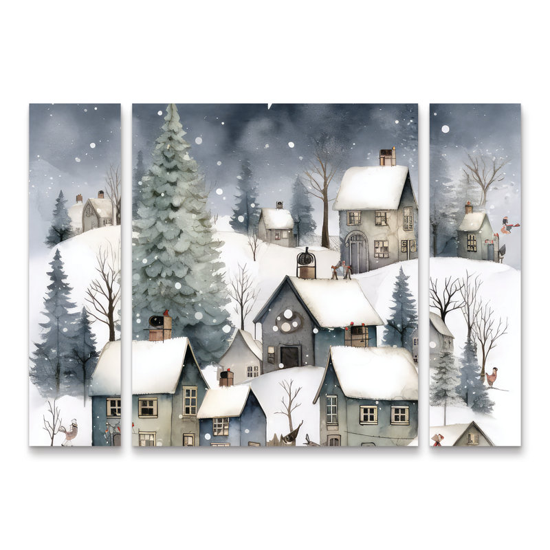 Ensemble de 3 panneaux d'art mural - «La veille de Noël», la toile dorée pour décoration de salon, de chambre à coucher ou de bureau 