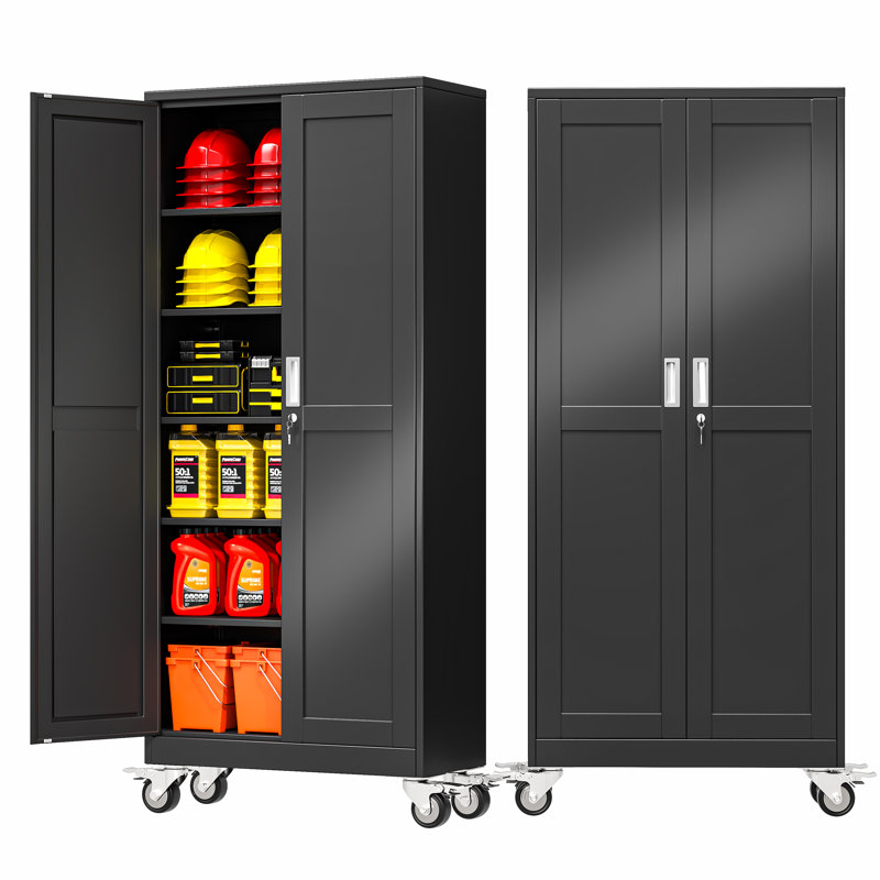 74.8"H Metal Garage Storage Cabinet Black with Wheels and 5 Adjustable Shelves, Black, 74.8" H x 31.5" W x 15.75" D