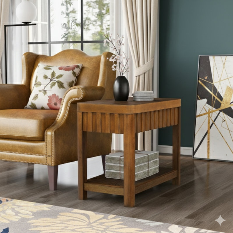 Table de bout rectangulaire de style campagnard de 25 pouces avec une tablette de rangement inférieure et des pieds en bois massif, convenant au salon, à la chambre à coucher ou au bureau, avec une finition noyer.