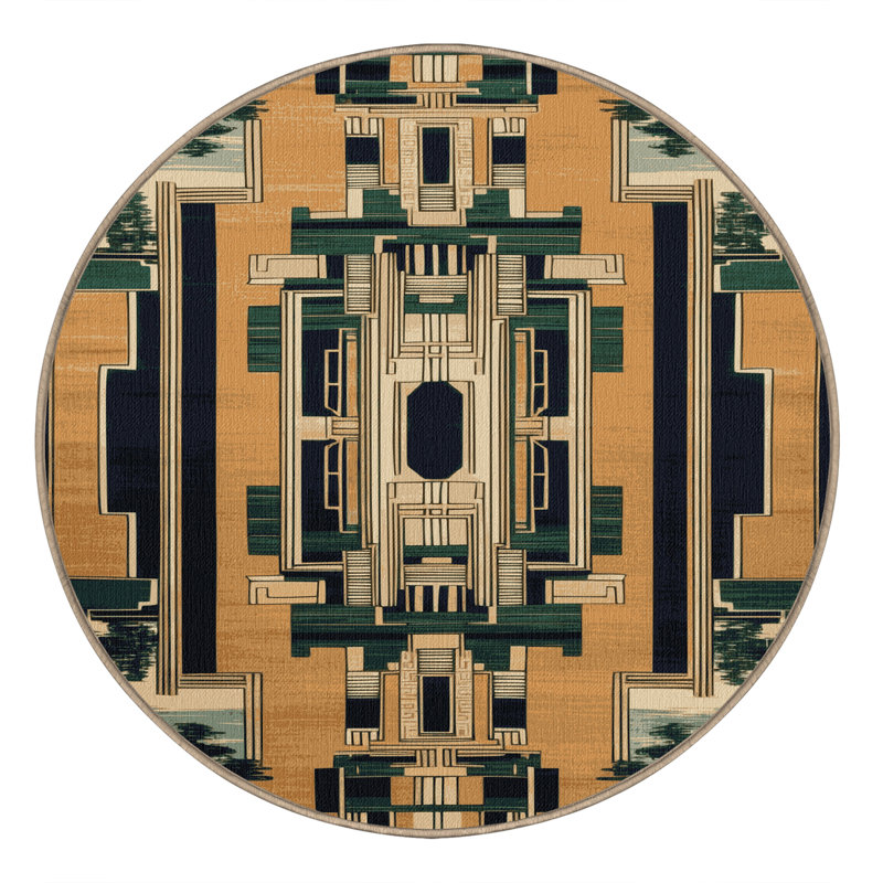 Tapis art déco brun lavable à la machine, Rond 6 pi