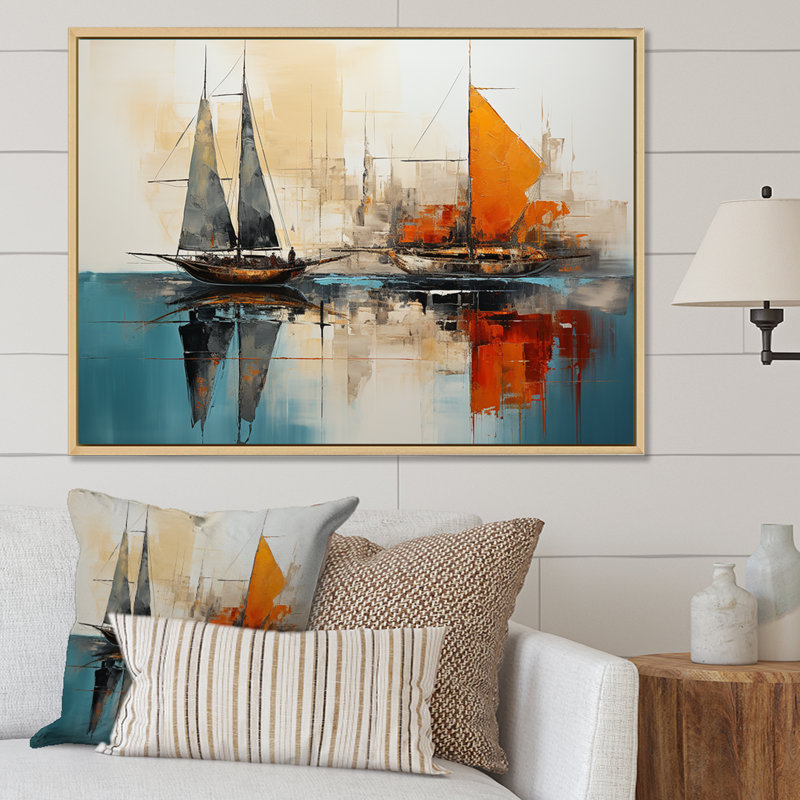 «Moonlight Saiboat Collage Horizon II», bateau à voile, art mural, Cadre flottant blanc, H 34 po x l 44 po x P 1,5 po