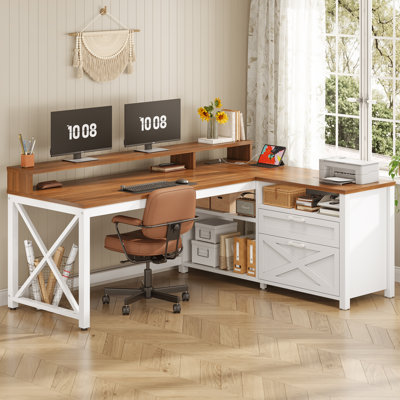 Bureau en forme de L avec bureau, bureau de bureau à la maison de 55 po avec tiroirs et tablettes de rangement, bureau de jeu en forme de L avec lumières DEL, prise de courant et tablette pour moniteur