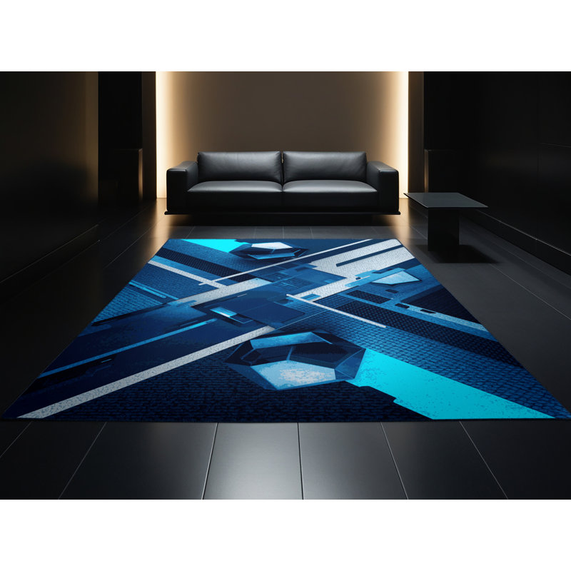Machine Washable Wynsum Sleek & Chic Modern Geometric Shapes Rug in Blue – Navy Binding, 8x12