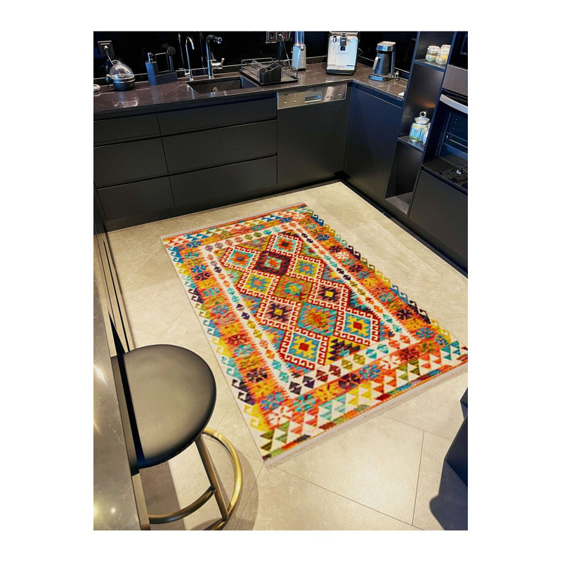 Machine Washable Multicolor Ethnic Traditional Pattern Vintage Decorative Woven Base Rug
