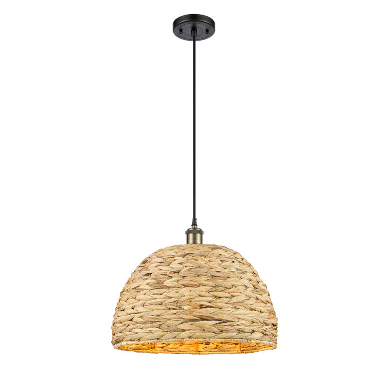 Luminaire suspendu en corde de rotin tissé 1 lumière Malaga, H 133 po x l 15,75 po x P 15,75 po, Laiton antique noir