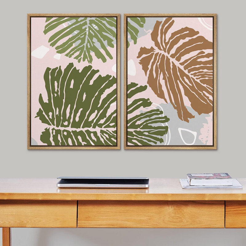 «Mid-Century Tropical Jungle Leaf Collage Abstract Shapes», art moderne, décoration murale, bohème, 2 pièces, Naturel