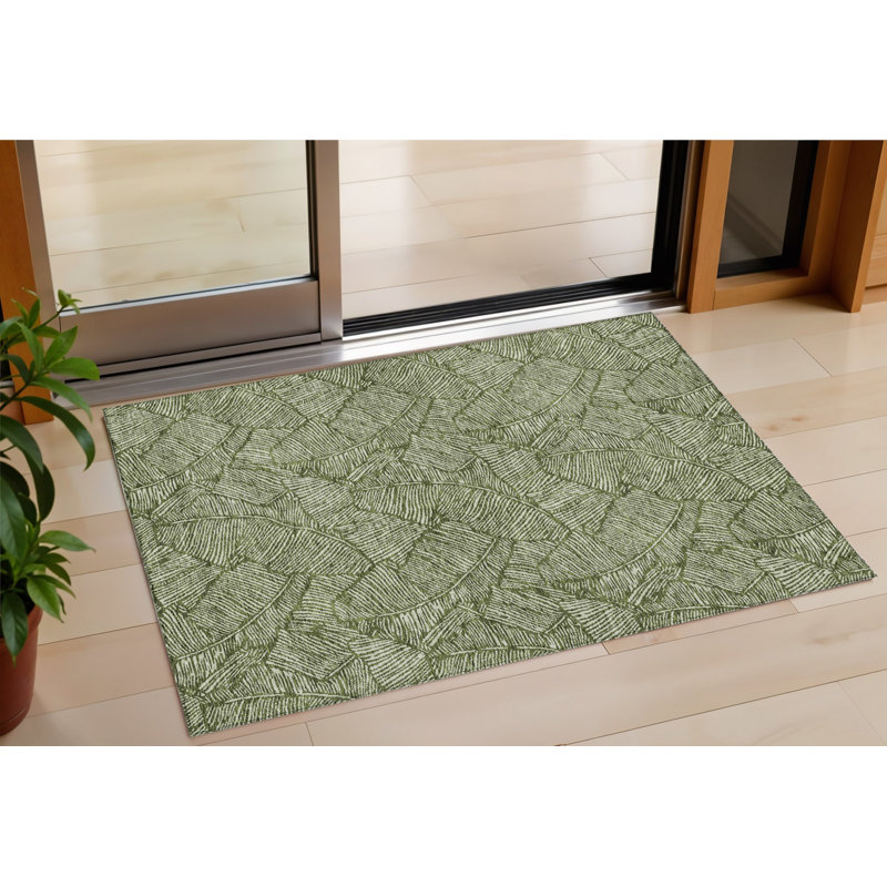 HomeRoots 3' X 5' Olive Green And Light Green Floral Washable Indoor Outdoor Area Rug