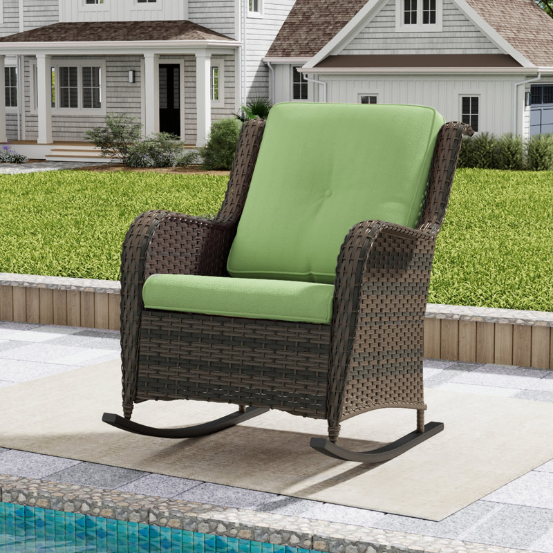 Outdoor Pe Wicker Rocking Chair - All-Weather Patio Furniture With Alloy Steel Frame & Thick Removable Cushion, Green