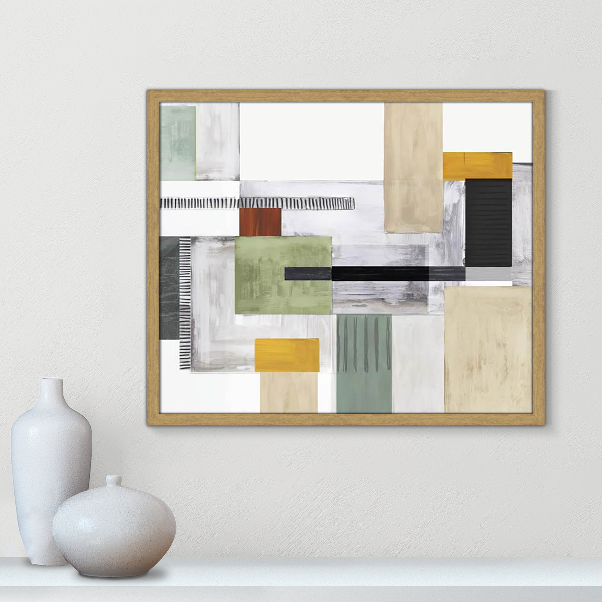 Playful Blocks by Tom Reeves, Natural Slim Picture Framed, 21.5" H x 25.5" W x 0.75" D, No Mat